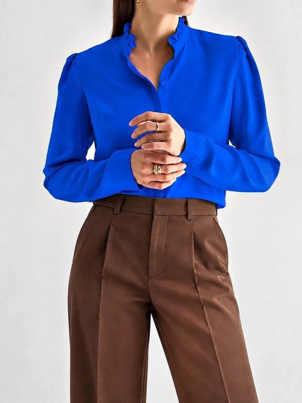 Express Portofino Cobalt Blue Ruffle Neck Puff Sleeve Blouse Small Workwear